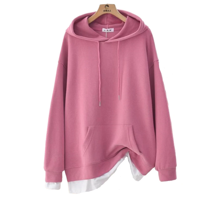 

Spring Autumn Style Women's Hoodies Solid Color Pockets Draw String Fake Two Pieces Korean Casual Sweaters AA4103