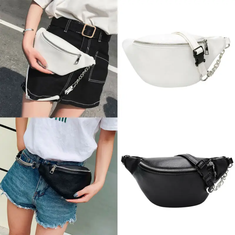 Womens Waist Bag Fanny Pack PU Bag Belt Purse Small Purse Phone Key Pouch White Black Waist Packs