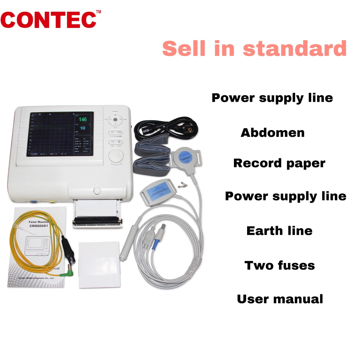 Contec Fetal Monitor CMS800G Color DisplayTwins Probe Real-time Printing Acquire Abnormal FHR,TOCO,FMOV 3 in 1Transducers Alarm