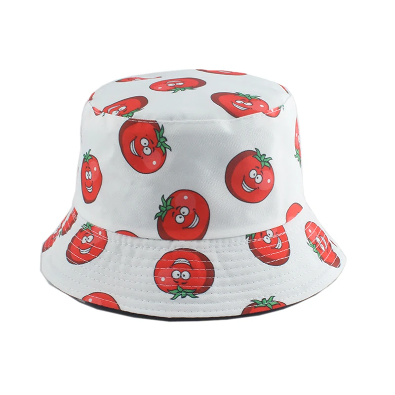 Fashion Cartoon Bucket Hat Tomato Eggplant Cucumber Print Fisherman Cap Men Women Panama Hat Reversible Bob Chapeau