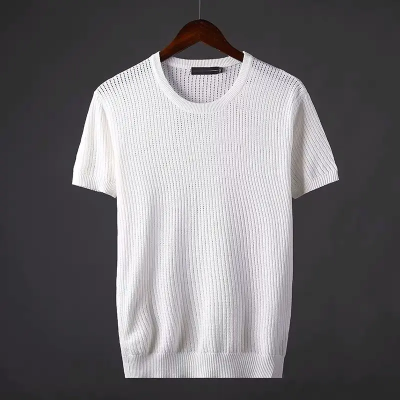 

New Summer Hot Sales Men Ice Silk Sweater Tops Short Sleeves Knit Sweater Weave High Quality Street Clothing O Neck T-Shirt L27