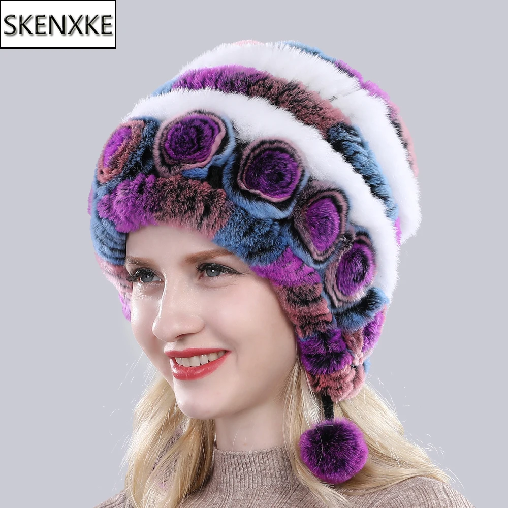 Hot Sale Winter Women Flowers Striped Natural Real Rex Rabbit Fur Hats Lady Warm Knit Genuine Fur Caps Russian Outdoor Fur Hats