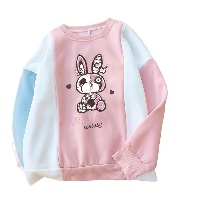 

y2k Women's Sweatshirt Kawaii Crative Skeleton Rabbit Doll Cartoon Print Fleece Colorblock Patchwork Harajuku Hoodies Tracksuits