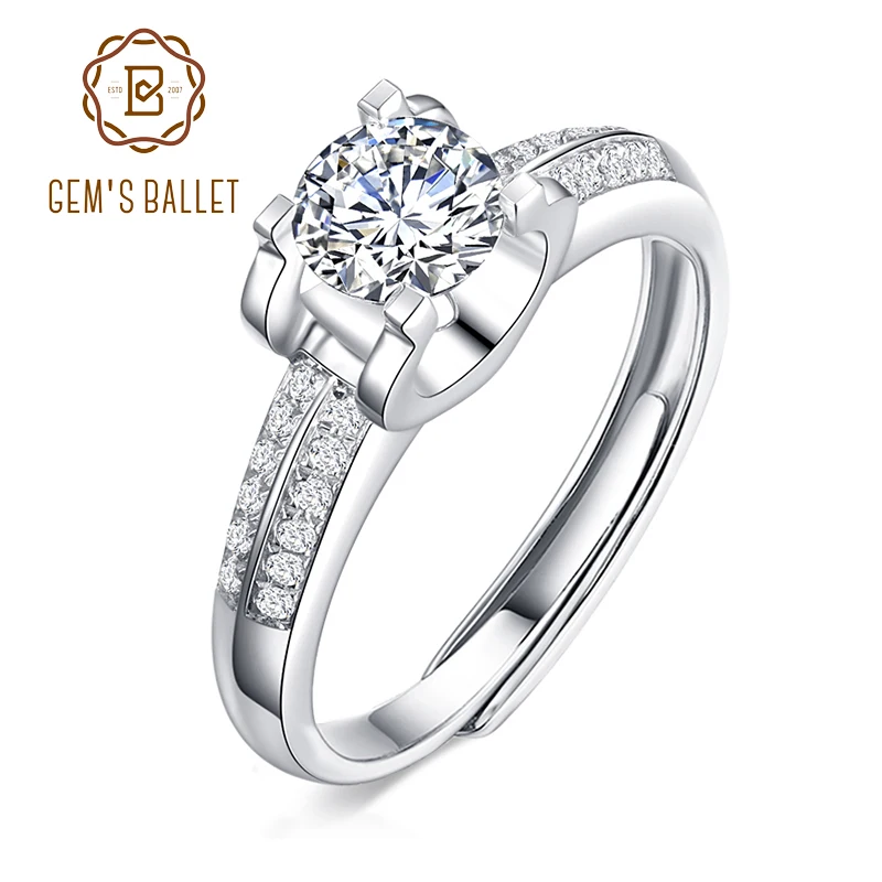 GEM'S BALLET 1.0Ct D Color Round Moissanite Diamond Adjustable Engagement Rings for Women 925 Sterling Silver Wedding Jewelry