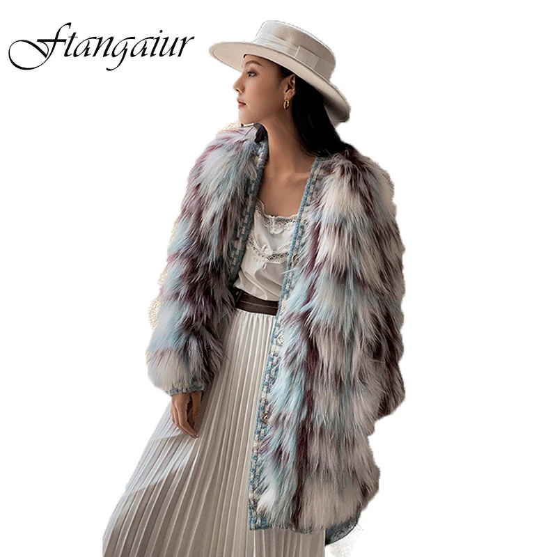 

Ftangaiur New Winter Import Fox Fur Coat Women Weave V-Neck Contrast Color Loss Fox Coats Medium Natural Real Fox Fur Coats