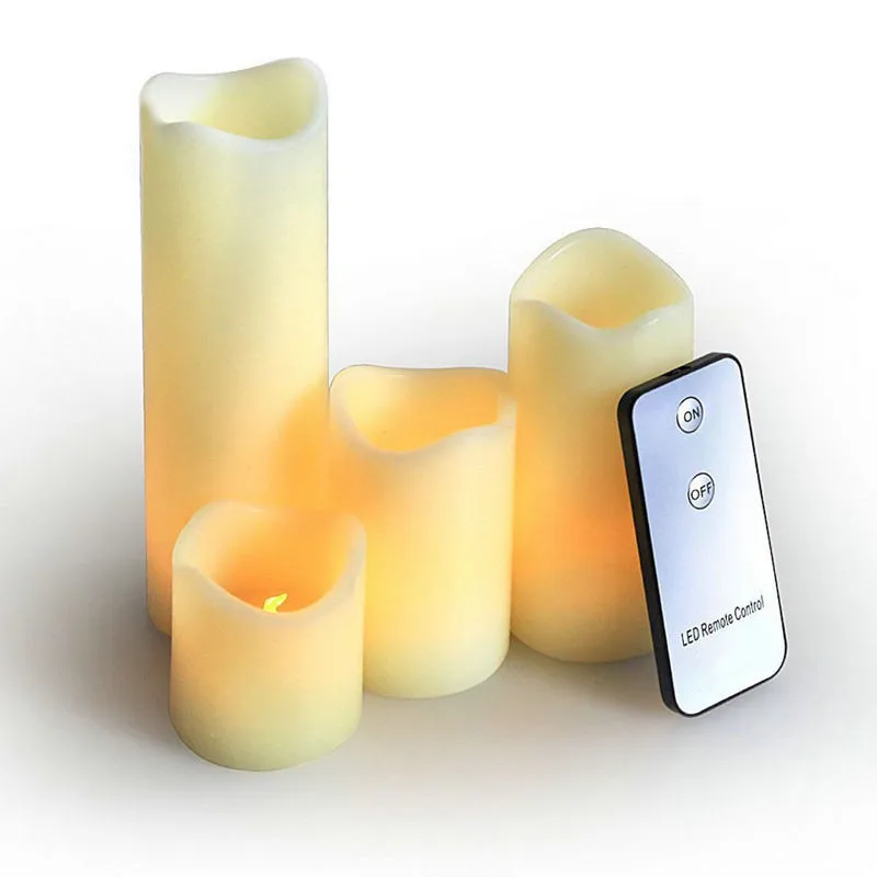 Set of 4 remote controlled wavy edge Flameless LED Pillar Candle Paraffin wax Ivory tealight Wedding Party decor 5CM(Dia.)-Amber