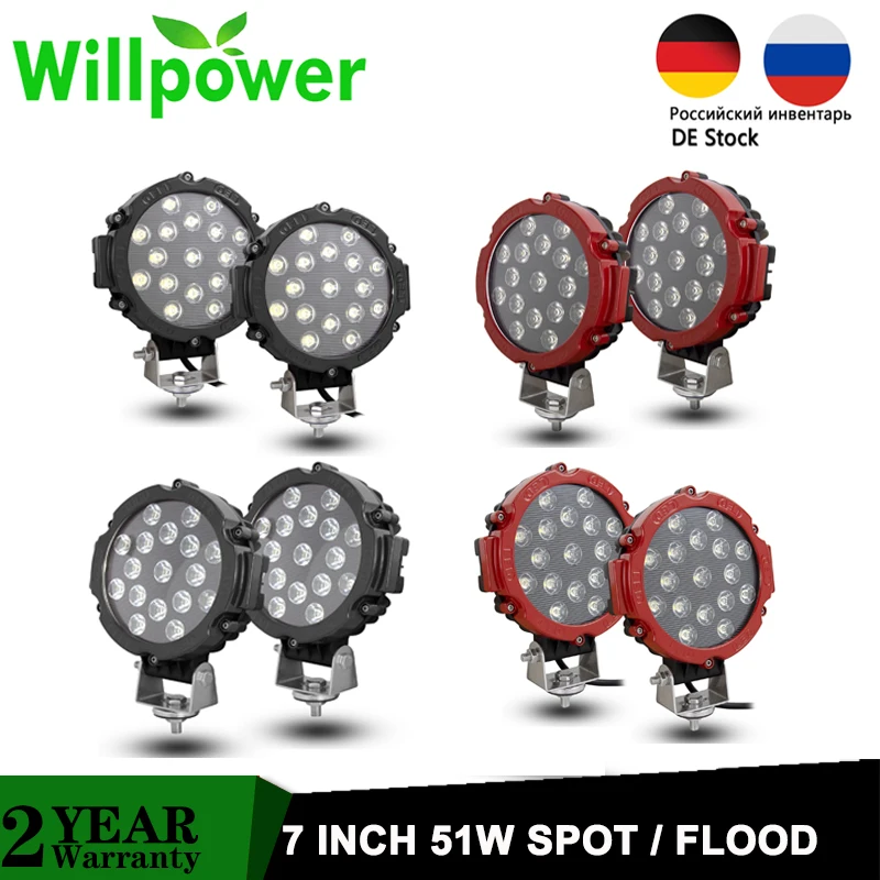 

2PCS 7 inch 51W LED Work Light Round Spot Flood Driving Fog Lamp for Jeep 4x4 4WD Offroad Truck Tractor ATV SUV 12V 24V