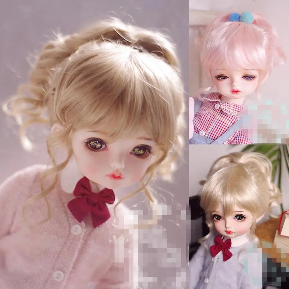 BJD Doll Wig suitable for 1-3 1-4 1-6size imitation mohair milk tea brown powder high ponytail curly hair doll accessories