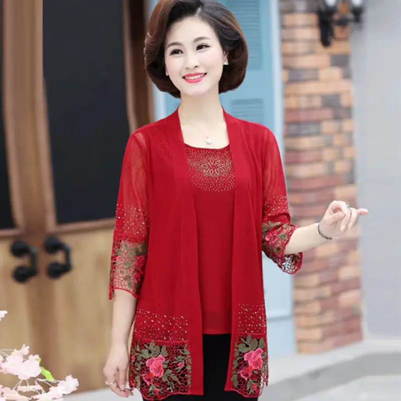 Heavy Industry Lace Embroidery Stitching Women 2pcs Suit Fashion Middle-Aged Mom Summer Shawl Cardigan Two-piece Set Vintage 5XL