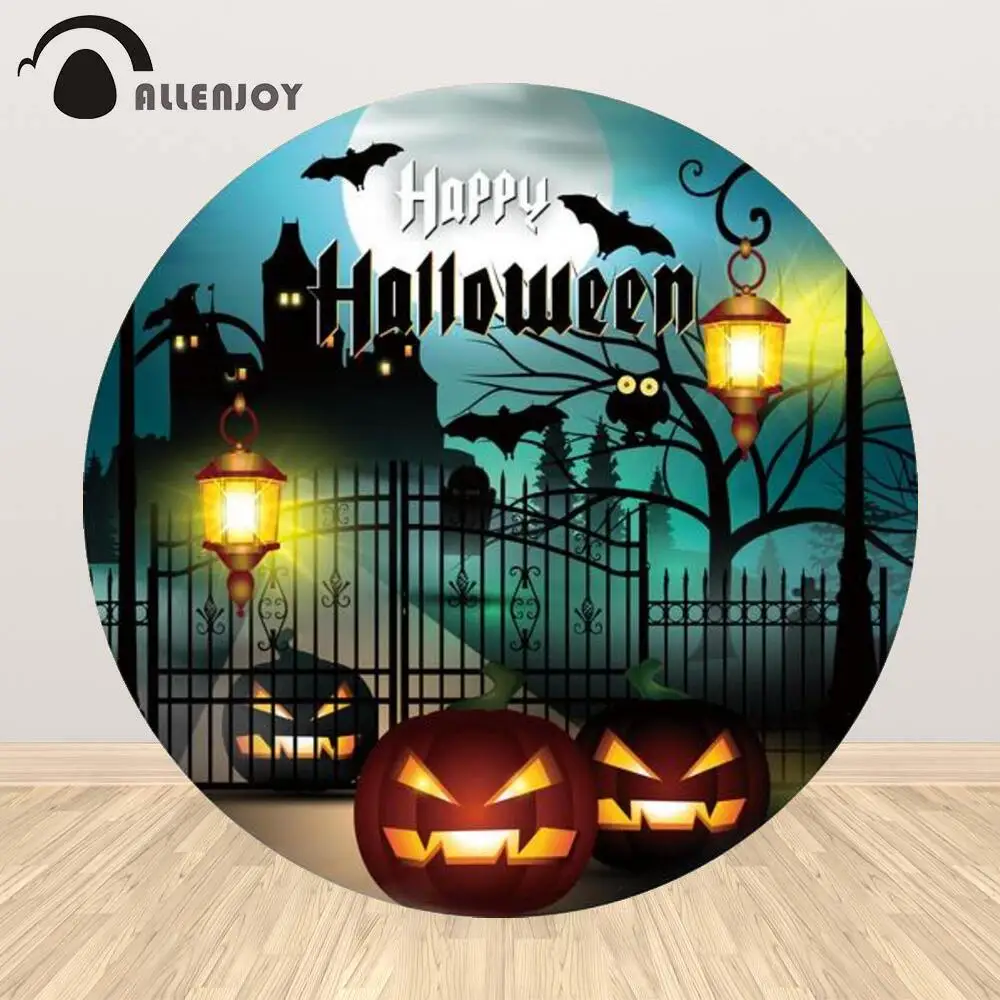 Allenjoy  Happy Halloween Circle Backdrop Bats Street Light Railing Skeleton Pumpkin Moon Castle Owl Forest Party Custom Poster