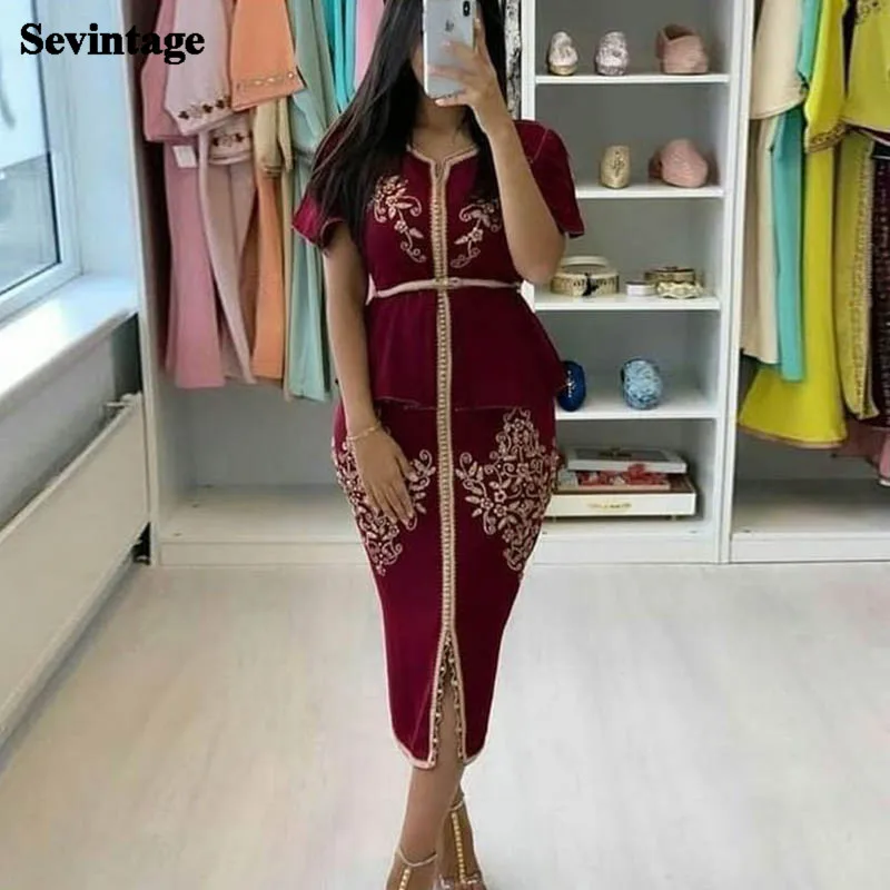 Sevintage Tea-Length Karakou Algerian Evening Dress Mermaid Matt Satin Prom Party Gowns Appliques Lace Princess Women Dresses