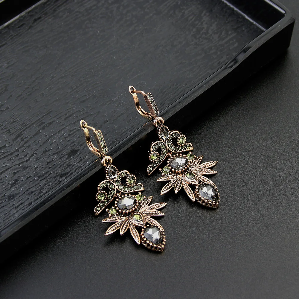 Sunspicems Vintage Turkish Gray Crystal Drop Earring for Women Retro Gold Color Bohemia Wedding Party Jewelry Christmas Gift