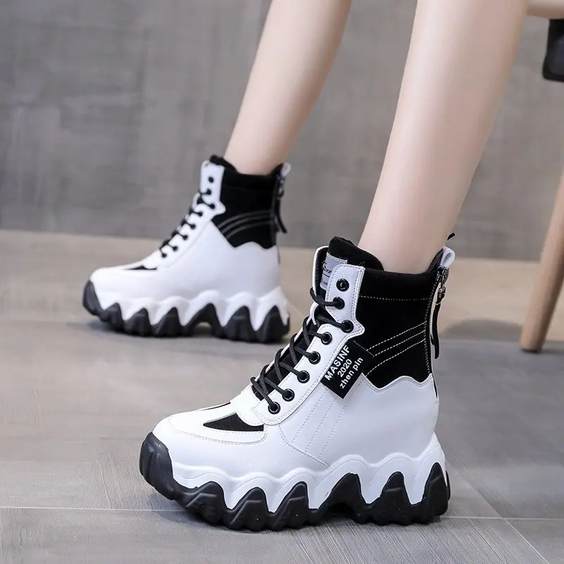 New Winter Boots Women High Platform Sneakers 7CM Height Increasing Ankle Boots Thick Sole Casual Fur Shoes Woman Chunky Boots