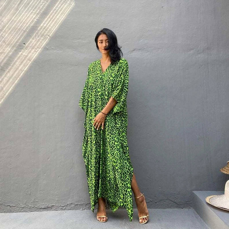 Green Leopard Print Women\'s Dress Comfy Lounge Wild Animal Camouflage Color Kaftan Airy Gown Chic Summer Long Tunic Resortwear