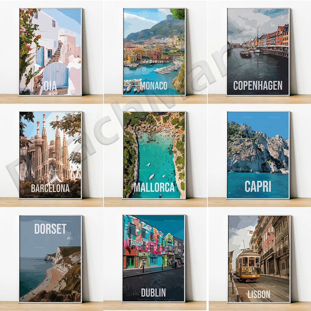 Travel posters for Ireland, Portugal, Porto, Barcelona, Mallorca, Florence, Sorrento, England, Monaco, Denmark, Copenhagen, Gree