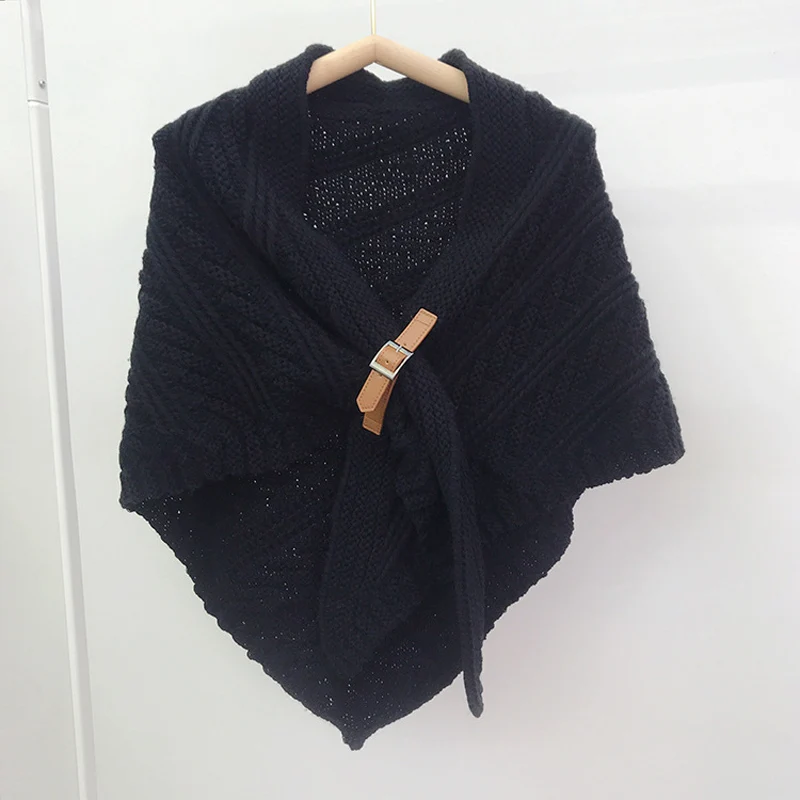 Large Solid Triangle Scarf Ponchos Women Winter Knitted Capes Tippet Office Warm Shawl Wraps Belt-Lock Shrug Szalik Zimowy Stole