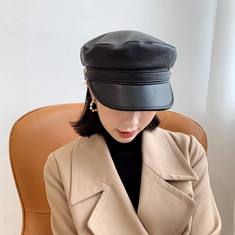 Women Soft Genuine Leather Cap Military Newsboy Autumn Winter British Style Adjustable Warm Gift Beret Retro Novidades