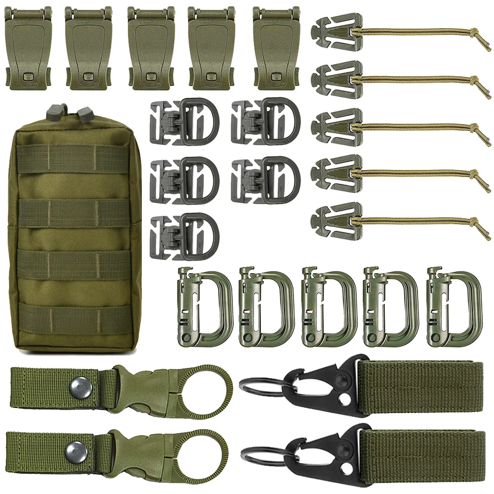 

Kit of 25 Molle Accessories Kit Attachment D-Ring Grimloc Locking Gear Clip Webbing Strap Tactical Backpack Web Elastic String