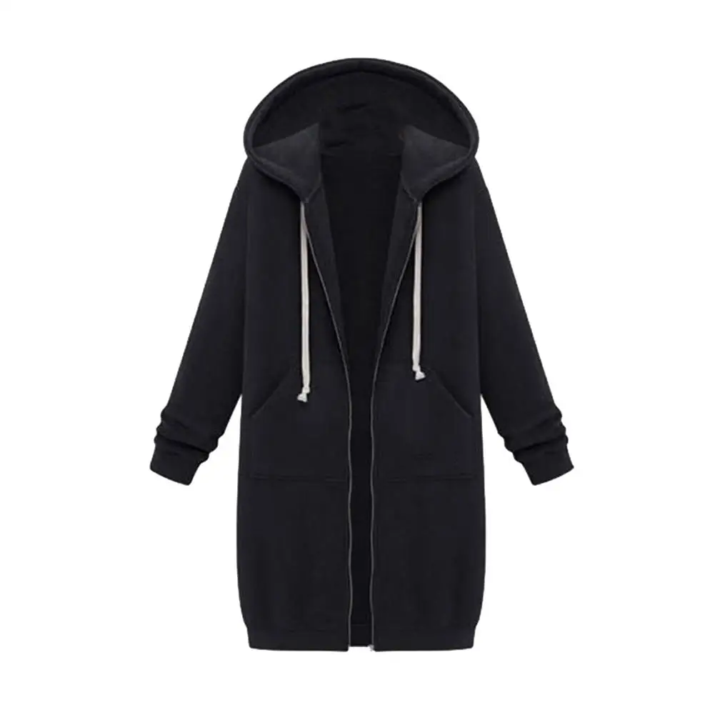 Plus Size Solid Color Casual Thicken Hooded Women Zip Up Long Sweater Coat