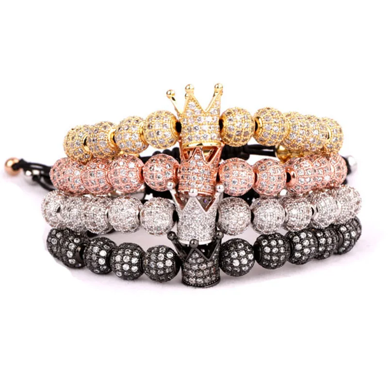 

High Quality Luxury Men Women Jewelry 8mm CZ Micro Pave Ball Crown Adjustable Beads Bracelet