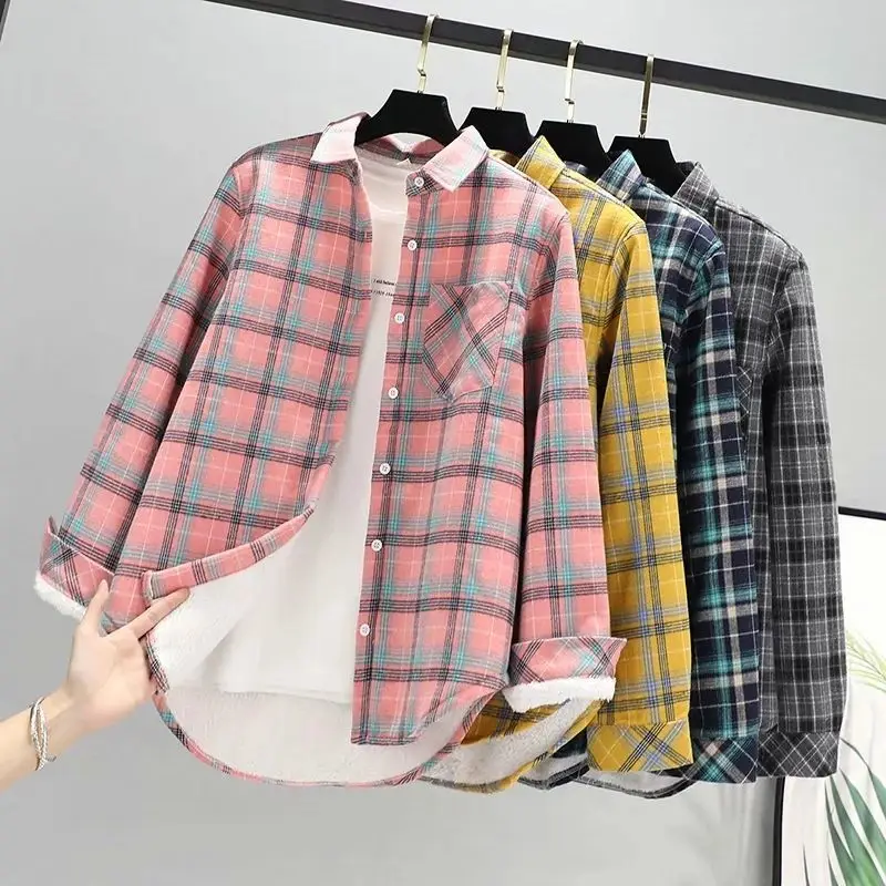 Velvet Thick Warm Women\'s Plaid Shirt 2024 Solid Female Long Sleeve Tops Winter Fleece Casual Check Blouse Autumn Clothes XXXL