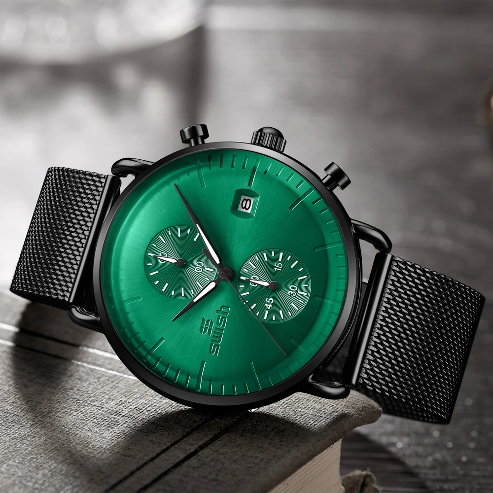 Creative Designer Brand Quartz Watches Men Stainless Steel Black Green Chronograph Sports Watch Waterproof Minimalist Clock 2020