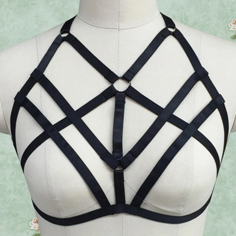 

Wholesale 2pcs 90s Punk Gothic Black Body Harness Belt Adjustable harness Strappy Tops Cage Bra Crop Top Bondage Harness belt