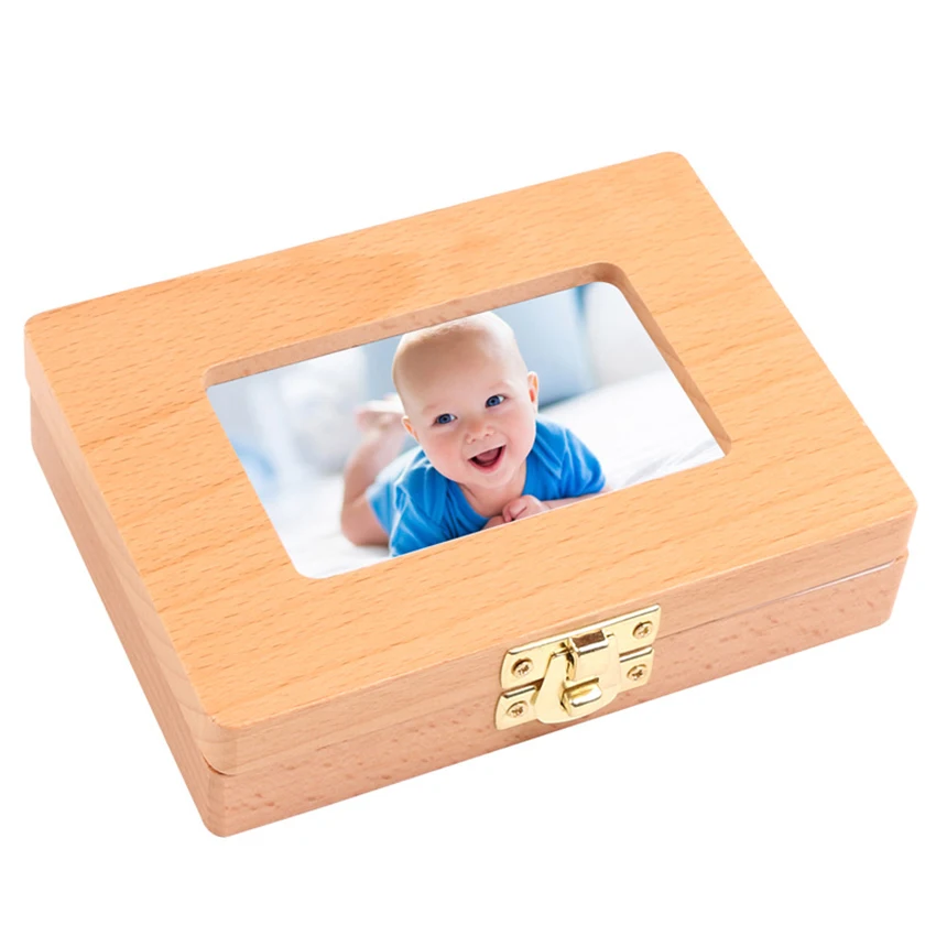 Baby Teeth Keepsake Box Photo Frame Tooth Holder Wooden First Lost Deciduous Tooth Collection Organizer Storage for Kids Memory