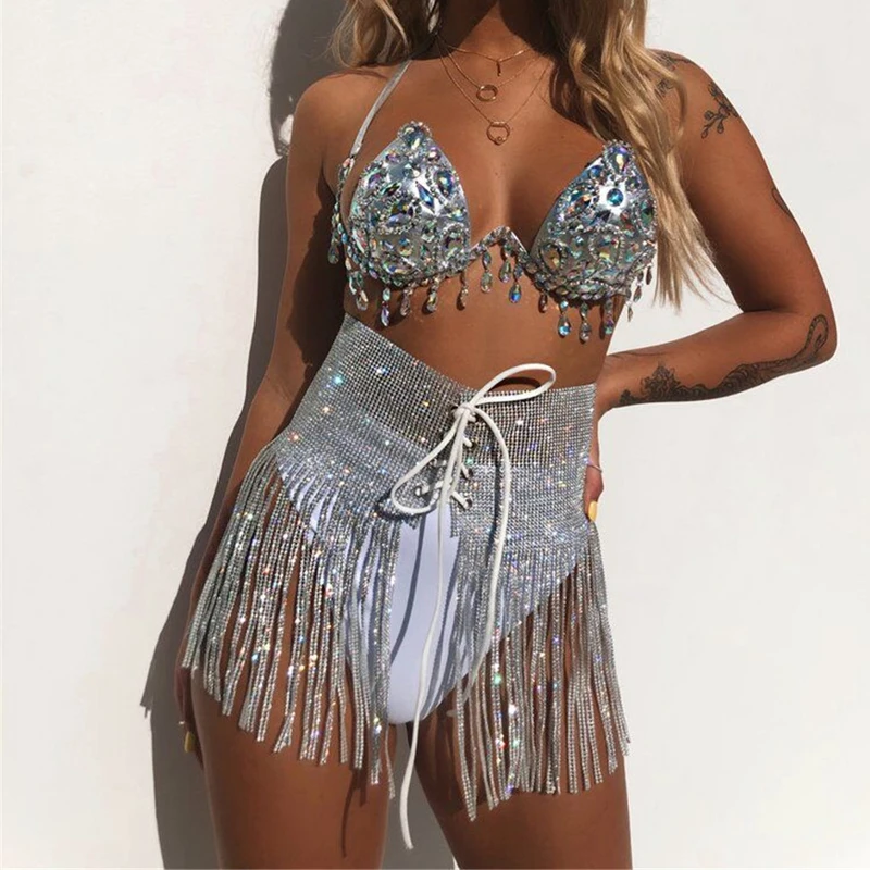 2020 New Bling Rhinestone Diamonds tassel Fringe Wide Belt Self Tie Wrap Waistband Skirt Peplum Waist Belt