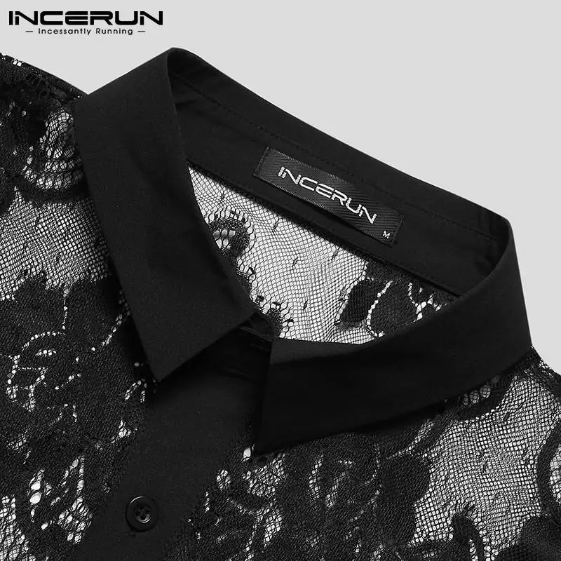 INCERUN 2024 Men Shirt Mesh Lace Lapel See Through Sexy Long Sleeve Streetwear Camisas Fashion Party Nightclub Shirts Men S-5XL