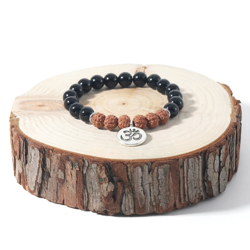 Rudraksha& Black Onyx Men's and Women's Elastic Rope Bracelet Fashion Energy Bangle OM Pendant Semi-Precious StoPrecious Jewelry