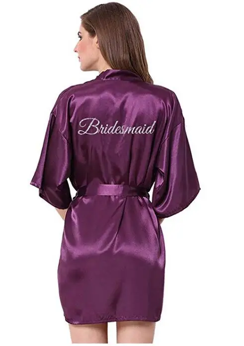 new purple robe silver writing mother of the groom robes wedding Short Bride kimono bridesmaid satin robe drop shipping