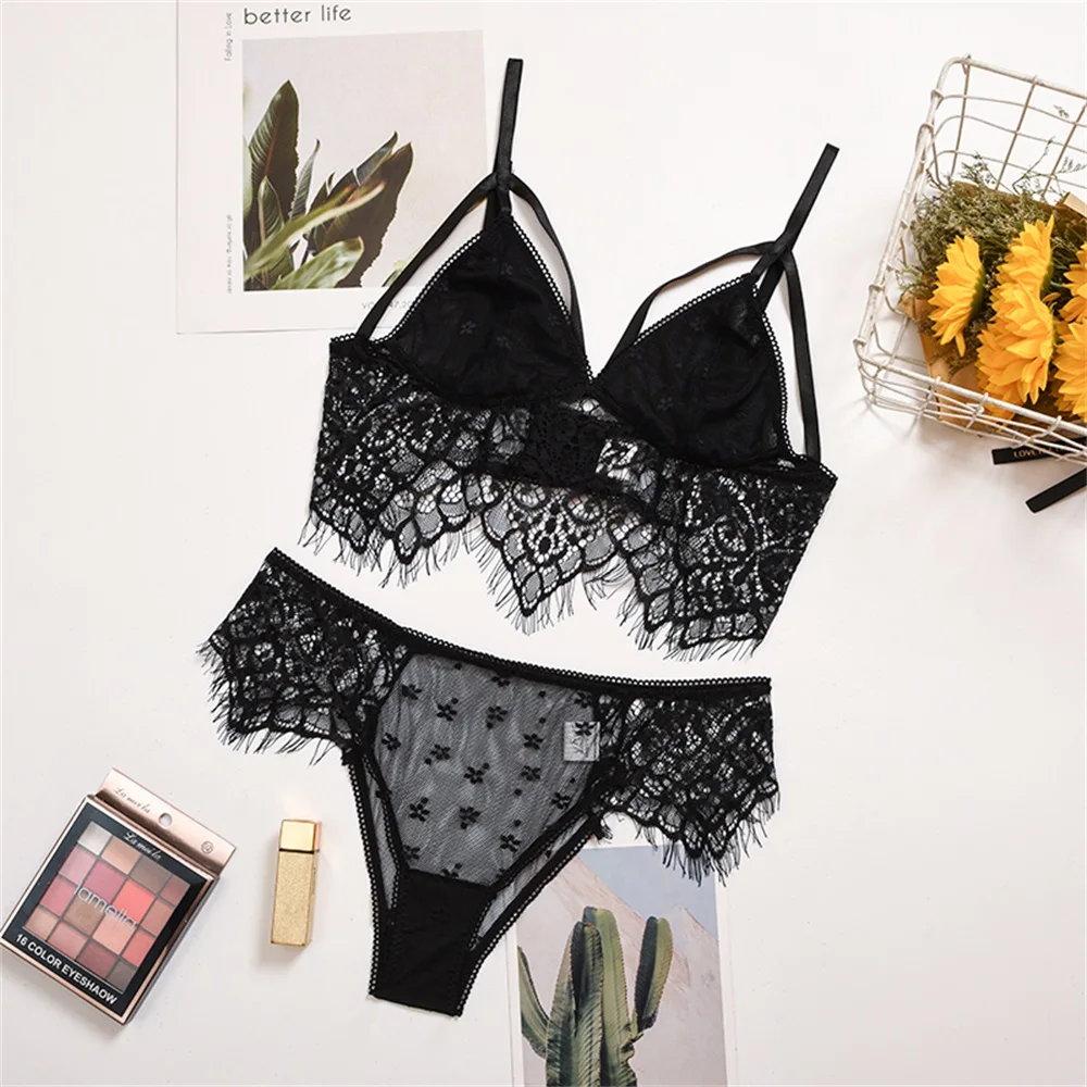 Sexy Lace Mesh Lingerie Set para Mulheres, Patchwork Cílios, Fio Livre, Push Up Bra, Underwear Party Set, HB311, 2PCs