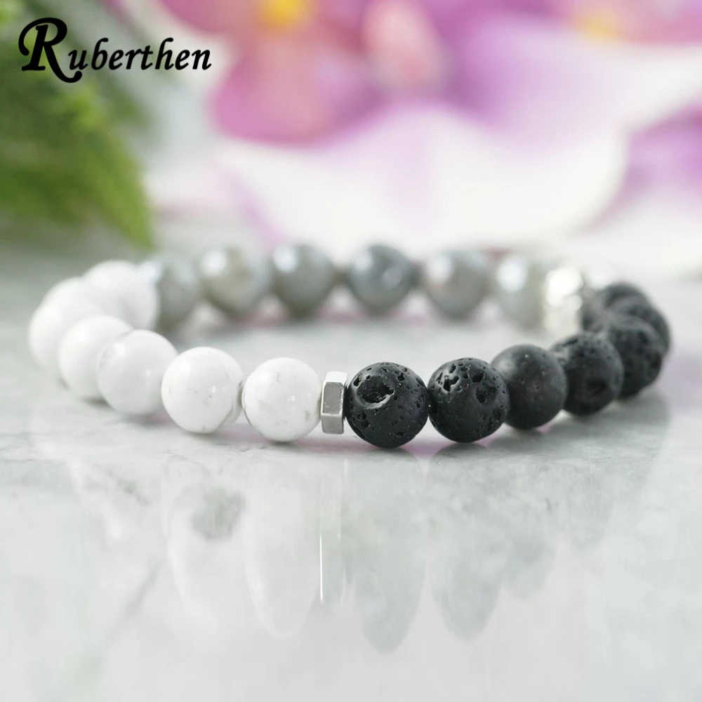 Ruberthen Labradorite Howlite Bracelet Anxiety Relief Bracelet Healing Crystals Lava Jewelry Yinyang Negative Energy Protection