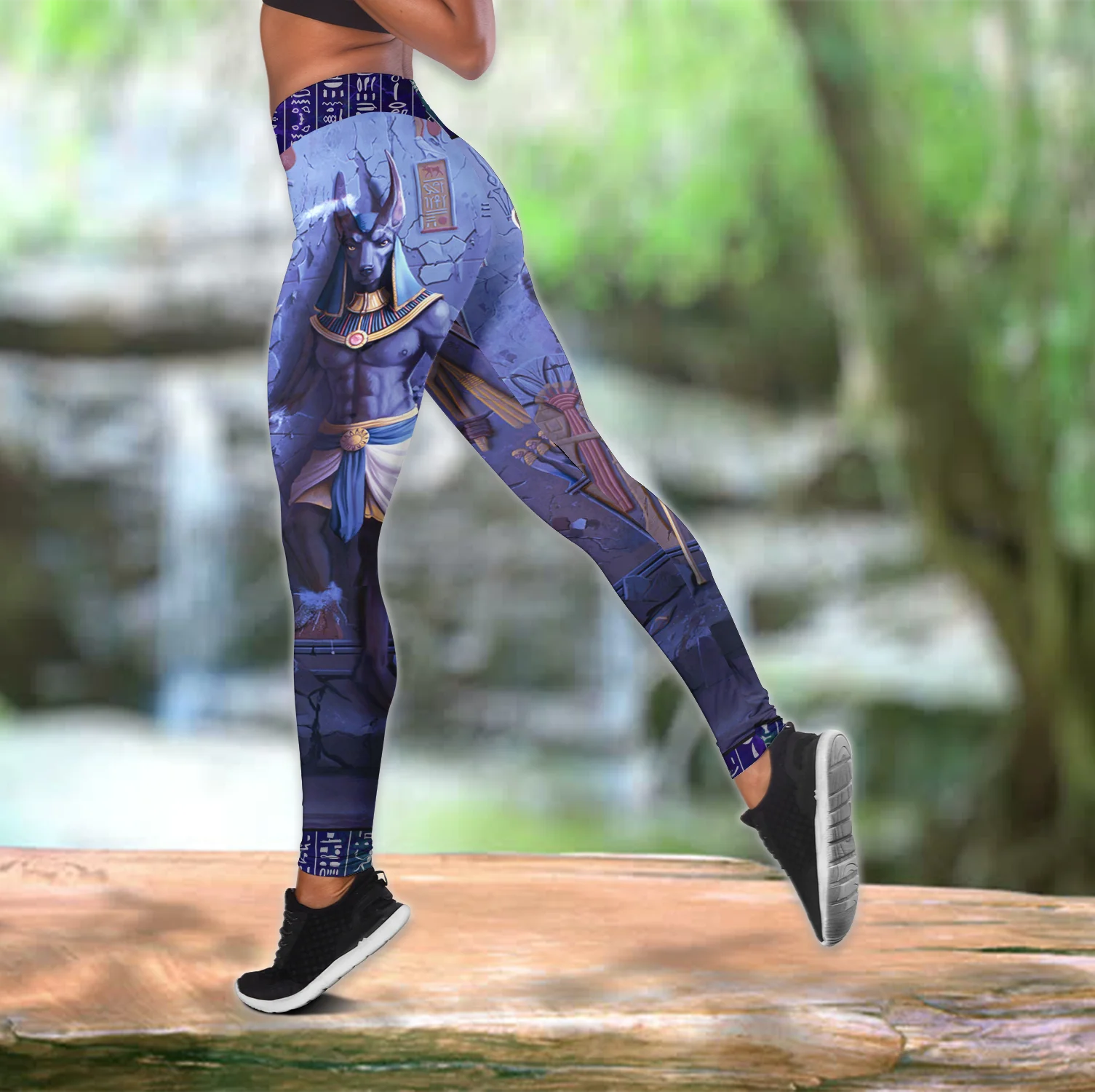 Anubis God Blue Ancient Egypt 3D Printed Hollow Tank Top & Leggings Set Fitness Female Full Length Leggings Yoga Pants LKB-25