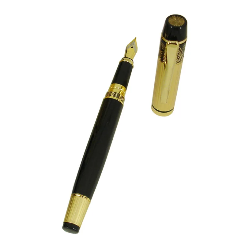 ACMECN Wholesale Metal Fountain Pen with Emboss China Element Design 45g Heavy Pen Black Body Gold Cap & Accent Luxury Ink Pens