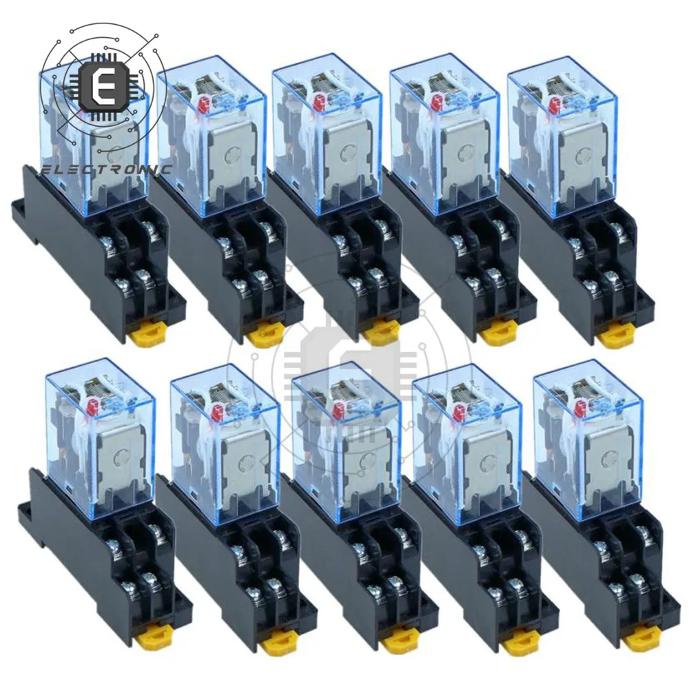 10Pcs Relay LY2NJ DC12V DC24V AC110V AC220V Small Coil Power Relay 10A 8 Pins Coil DPDT With Socket Base