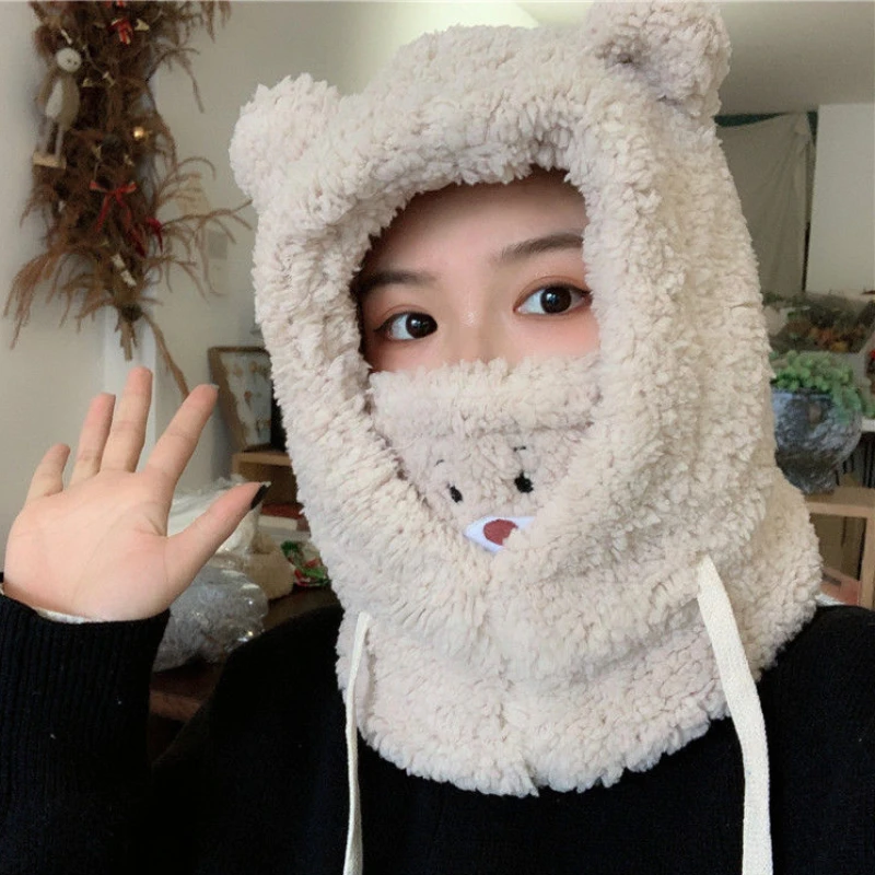 Bear Ear Hat Lamb Plush Winter Head Hood Thickened Warm Headset  Protection One Mask Beanies Autumn Skullies for Women Girls