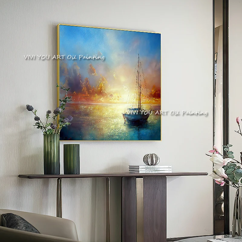 The Fashion Handpainted Sunrise Nature Sky Original Canvas Painting Modern Artwork Pictures Thick Oil Wall Art Ship Sea View