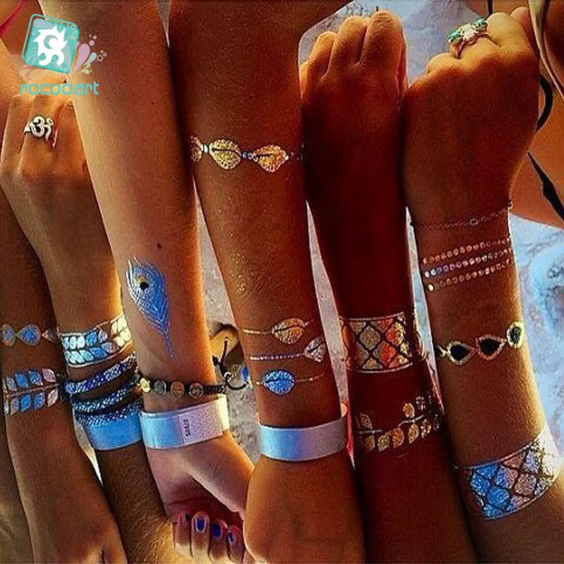 Sexy Sun Moon Star Temporary Tattoo Women Party Body Arm Art Fake Flash Tatoos Gold Metallic Tattoo Stickers Girl Bracelet Wrist