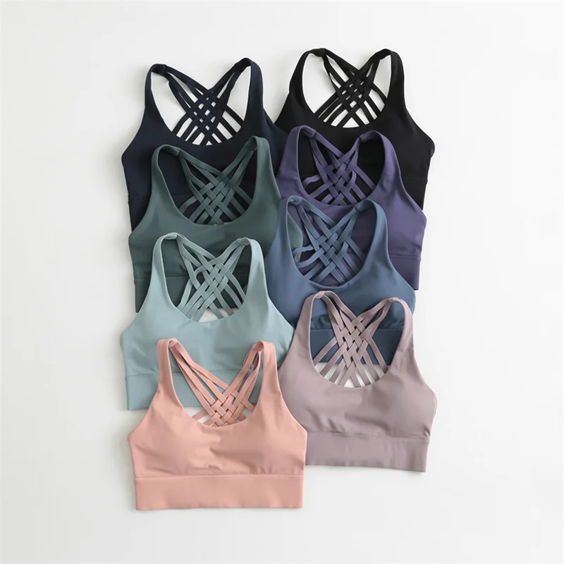 Nylon w kratkę z powrotem wyściełane Strappy biustonosze sportowe w kształcie litery U szyi biustonosz Push-Up dla kobiet biustonosz do jogi trening