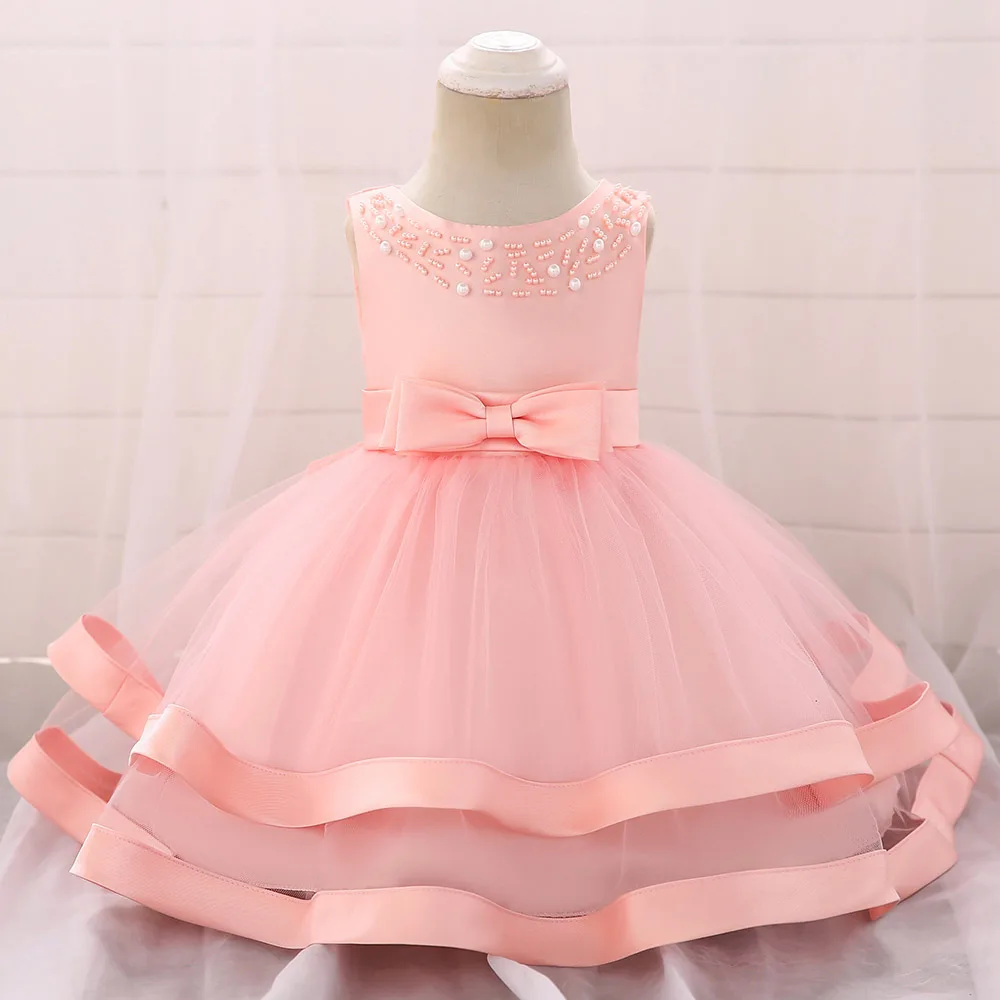 Kleinkind Perlen Taufe Prinzessin Kleid für Baby Mädchen Tüll Weiß Hochzeit 1. Geburtstag Schleife Party Kleider Taufe Kinder Kleidung