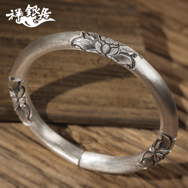 ★Yuhe - original handmade lotus solid bracelet 999 pure silver lotus Bracelet female retro National Style Silver Bracelet