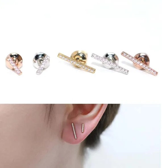 Minimalist 925 Sterling Silver Bling CZ Bar Stud Earrings For Women Simple Short Bar Long Stick Ear Piercing Fashion Jewelry