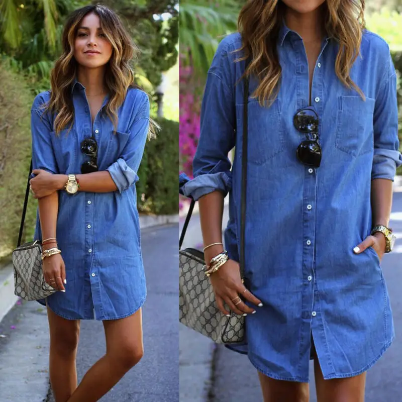 Mulheres denim jeans vestido botão verão manga longa casual tops mini camisa vestido de biquíni cobrir beachwear