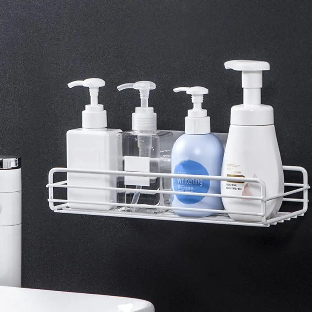 ชั้นวางของในห้องน้ำสีดำชั้นวางของในครัวโครงเหล็กติดผนังแบบมีกาวในตัวสำหรับอุปกรณ์ห้องน้ำ