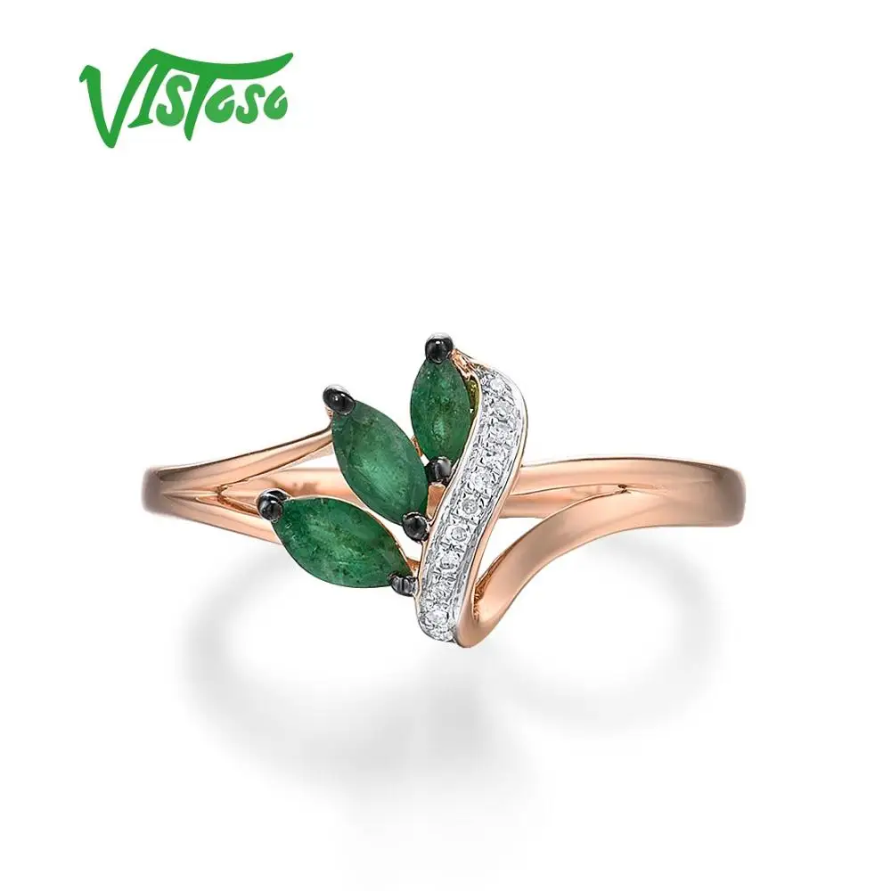 VISTOSO Gold Rings For Women Genuine 14K 585 Rose Gold Ring Magic Emerald Sparkling Diamond Engagement Anniversary Fine Jewelry