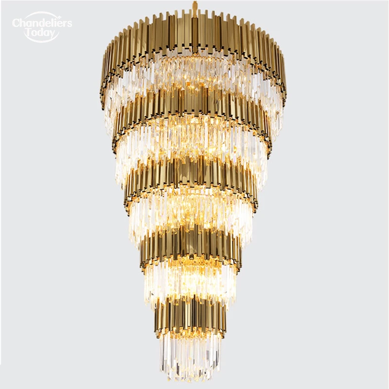 Large Big Modern Crystal Chandelier Lighting LED Stair Cristal Hanging Light Luxury Staircase Golden Chandelierd Crystal Lamp