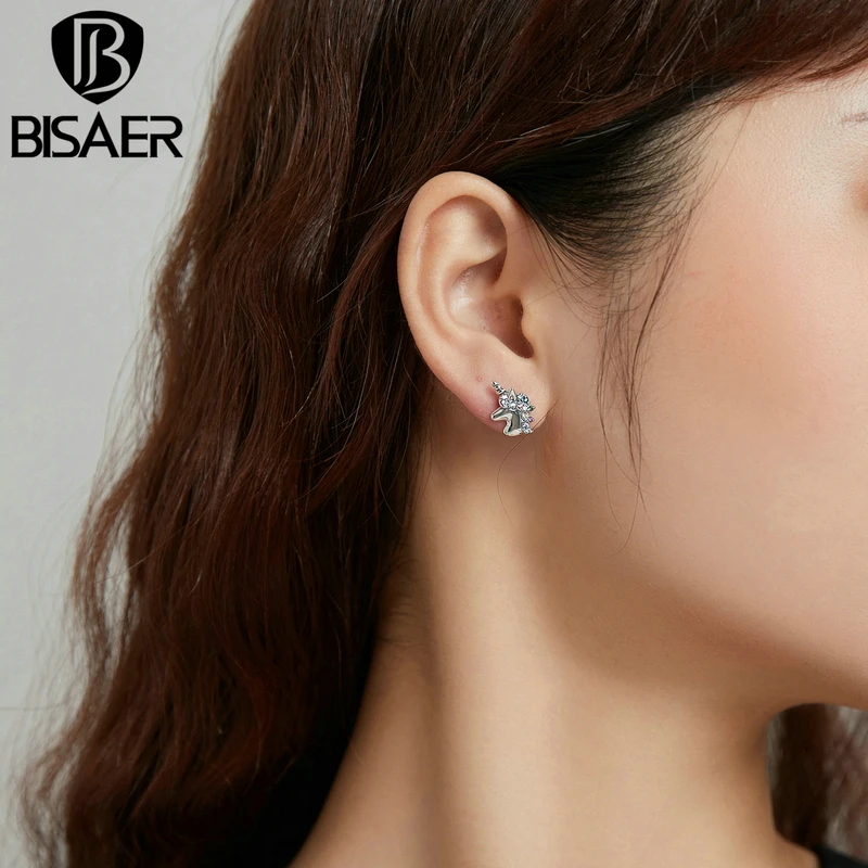 Bisaer 925 Sterling Silver Colorful Zircon Unicorn Stud Earrings For Women Girls Wedding Party Fashion Silver 925 Jewelry EFE496