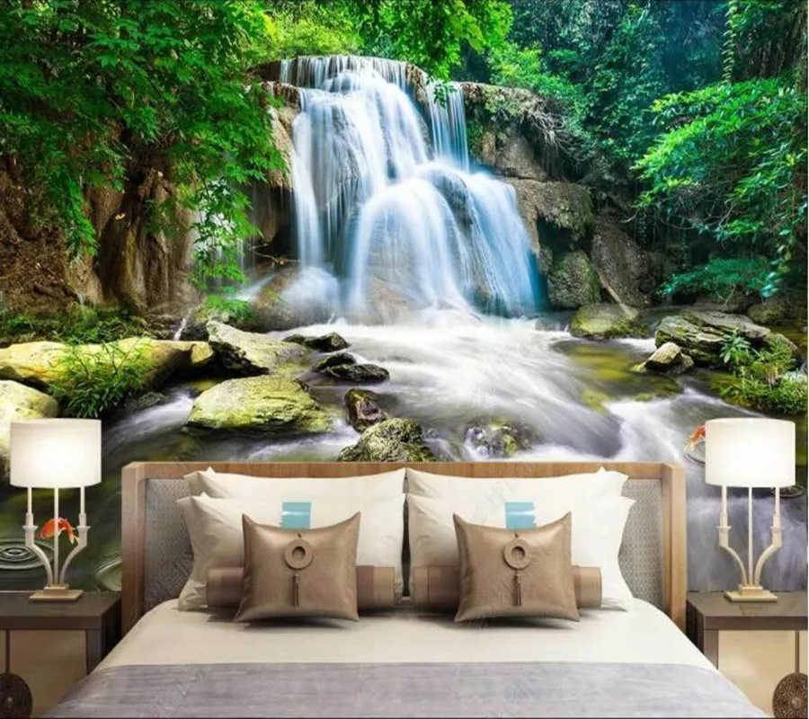 

Papel de parede Green and fresh forest waterfall 3d wallpaper mural,iving room tv wall bedroom wall papers home decor